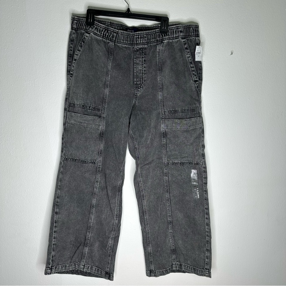 GAP cargo-style wide-leg jeans in a dark grey wash with an elastic waistband